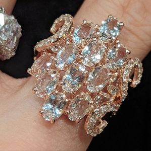 Morganite and white zircon rose gold plated asymmetric ring.